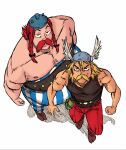  2boys asterix asterix_(character) bare_shoulders black_ribbon blonde_hair blue_pants braid brown_footwear facial_hair flask french_commentary from_above hair_ribbon helmet highres multiple_boys muscular muscular_male mustache obelix pants red_hair red_pants reda_kaaaa ribbon simple_background spiked_helmet topless_male two-tone_pants white_background white_pants winged_helmet 