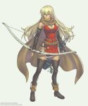  1girl black_footwear black_gloves black_thighhighs blonde_hair boots bow_(weapon) breasts cape cleavage commission dark-skinned_female dark_skin dress elbow_gloves fingerless_gloves fire_emblem fire_emblem:_the_binding_blade fire_emblem_heroes gloves gofelem grey_background holding holding_bow_(weapon) holding_weapon igrene_(fire_emblem) large_breasts long_hair looking_to_the_side mole mole_under_eye quiver red_dress red_thighhighs short_dress side_slit simple_background solo thigh_boots thighhighs thighs weapon yellow_eyes 