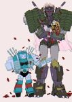  1boy 1girl armor blue_eyes bow bowtie falling_petals fragment1145 highres mask nickel_(transformers) petals red_eyes roller_skates rose_petals shoulder_armor size_difference skates tarn the_transformers_(idw) transformers white_background 