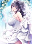  1girl bare_shoulders black_hair blue_eyes blue_sky blush breasts bridal_gauntlets bridal_veil clothes_lift dakikano dress dress_lift elbow_gloves gloves highres large_breasts lifted_by_self long_hair looking_at_viewer official_art open_mouth sideboob sky smile solo standing veil wedding_dress white_dress white_gloves window 