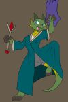 ambiguous_gender anthro attack bent_leg blue_clothing blue_eyes blue_robe claws clothed clothing countershading digital_drawing_(artwork) digital_media_(artwork) dungeons_and_dragons fangs female_(lore) flat_chested flawedspirit green_body green_horn green_scales happy hasbro hi_res horn kobold kurva_(flawedspirit) magic magic_user one_foot_raised open_mouth raised_leg reptile robe scales scalie simple_background smile solo tail teeth wand wizards_of_the_coast yellow_body yellow_scales