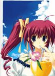  absurdres bow cloud comic_party day drink drinking_straw flower hair_ribbon highres long_hair mitsumi_misato purple_eyes red_hair ribbon side_ponytail solo takase_mizuki yellow_bow 