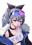  1girl absurdres black_choker black_ribbon blowing_bubbles breasts choker commentary crop_top drill_hair eyewear_on_head fur-trimmed_jacket fur_trim grey_eyes grey_hair hair_between_eyes hair_ribbon highres honkai:_star_rail honkai_(series) jacket long_hair looking_at_viewer medium_breasts midriff open_clothes open_jacket ponytail ribbon shirt silver_wolf_(honkai:_star_rail) simple_background single-shoulder_shirt solo sunglasses upper_body v-shaped_eyebrows vect white_background white_shirt 