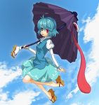  :p ahoge bad_id bad_pixiv_id blue_eyes blue_hair cloud day flying geta heterochromia highres karakasa_obake purple_umbrella red_eyes sandals shadow short_hair sky solo tatara_kogasa tongue tongue_out touhou umbrella yuru_(kashima) 