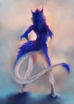 2015 absurd_res animagusfursuits anthro arm_tuft barefoot biped blue_background blue_body blue_fur butt digital_media_(artwork) ear_tuft elbow_tuft feet female fluffy fluffy_hair fluffy_tail full-length_portrait fur gloves_(marking) gradient_background hair hands_on_hips hi_res long_tail markings multicolored_body multicolored_fur nude pink_background pinup portrait pose purple_body purple_fur purple_hair rear_view sergal shadow signature simple_background slim solo standing tail tail_tuft thick_tail tuft white_body white_fur