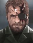  1boy absurdres asha beard blood blood_on_face brown_eyes brown_hair closed_mouth coat commentary_request eyepatch facial_hair green_coat highres looking_at_viewer male_focus metal_gear_(series) metal_gear_solid metal_gear_solid_v:_the_phantom_pain mustache portrait short_hair solo v-shaped_eyebrows venom_snake very_short_hair 