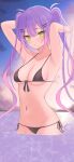  1girl :&lt; absurdres armpits bikini black_bikini blush breasts chocomaru commentary green_eyes hair_ornament highres hololive in_water long_hair looking_at_viewer medium_breasts multicolored_hair navel navel_piercing open_mouth outdoors piercing pink_hair purple_hair solo swimsuit tokoyami_towa twintails virtual_youtuber 