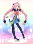  1girl blue_eyes blush bow braid commentary commission dated dress full_body gloves hair_ornament highres hood hood_down hooded_dress long_hair open_mouth panda_doodles pantyhose pink_hair rainbow_gradient rana_(vocaloid) sleeveless sleeveless_dress smile solo twin_braids very_long_hair vocaloid 