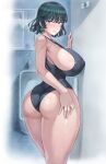  1girl absurdres ass bathroom black_hair black_one-piece_swimsuit black_thighhighs blush breasts butt_crack clothes_lift come_hither covered_nipples curvy door dress dress_lift fubuki_(one-punch_man) green_eyes green_hair hand_on_own_ass highres huge_breasts impossible_clothes impossible_swimsuit jewelry looking_at_viewer mogudan necklace one-piece_swimsuit one-punch_man presenting short_hair sideboob smile solo swimsuit thick_thighs thighhighs thighs window 