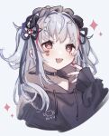  1girl black_bow black_choker black_sweater blush bow choker commentary_request drawstring hair_ornament hairclip hand_up heart heart-shaped_pupils highres hood hood_down hooded_sweater indie_virtual_youtuber kuromu_(96-94) long_hair looking_at_viewer messy_hair open_mouth red_hair red_nails sabita_hagane sharp_teeth sidelocks simple_background sleeves_past_wrists solo sparkle sweater symbol-shaped_pupils teeth upper_body virtual_youtuber white_background white_hair x_hair_ornament 