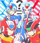  4boys armor black_eyes blonde_hair blue_armor blue_eyes blue_helmet blue_robe cyber_elf_x_(mega_man) dual_persona forehead_jewel green_eyes helmet highres in-franchise_crossover long_hair mega_man_(series) mega_man_x_(series) mega_man_zero_(series) meshiuma0x multiple_boys nervous red_armor red_helmet robe salute shoulder_armor two-finger_salute w x_(mega_man) zero(z)_(mega_man) zero_(mega_man) 