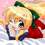  blonde_hair child green_eyes hair_ribbon ikeda_jun_(aquaqua) long_hair lowres one_eye_closed ponytail red_skirt ribbon rockman rockman_(classic) roll skirt solo 