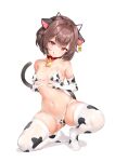  1girl absurdres animal_collar animal_ear_hairband animal_ears animal_print armpit_crease ass_visible_through_thighs bell bikini black_tail breast_lift breasts brown_hair cat_ear_hairband cat_ears cat_tail closed_mouth collar collarbone commentary_request commission cow_ears cow_print cow_print_bikini cow_print_gloves cow_print_thighhighs cowbell ear_tag elbow_gloves fake_animal_ears gloves hair_flaps hairband hands_on_own_breasts head_tilt highres keibeam kneeling licking_lips light_blush looking_at_viewer micro_bikini mole mole_on_thigh mole_under_eye navel neck_bell no_shoes original print_bikini print_gloves print_thighhighs prunechi red_collar red_eyes short_hair simple_background small_breasts smile solo squatting stomach swimsuit tail thighhighs tongue tongue_out white_background 