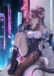  1girl absurdres airi_kanna blue_eyes blush breasts brown_hair city closed_mouth highres horns long_hair looking_at_viewer medium_breasts multicolored_hair sitting smile solo stellive streaked_hair tacco_(tikeworld) tail thighhighs thighs twintails very_long_hair virtual_youtuber 