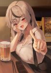  1girl absurdres alternate_costume beer_mug black_hair black_necktie black_skirt blurry blurry_background blush braid breasts chopsticks cleavage collared_shirt cup fang froth grey_hair hand_on_own_cheek hand_on_own_face highres hololive large_breasts long_hair mug multicolored_hair necktie open_mouth pointing pointing_at_viewer red_eyes sakamata_chloe shirt skirt streaked_hair two-tone_hair undone_necktie virtual_youtuber white_shirt yuseol 