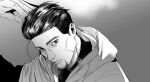  1boy absurdres beard black_eyes black_hair character_request closed_mouth expressionless facial_hair golden_kamuy greyscale hair_slicked_back hand_in_own_hair highres looking_at_viewer male_focus mature_male monochrome ogata_hyakunosuke portrait scar scar_on_cheek scar_on_face short_hair solo undercut uu_(u_wi) 