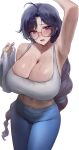  1girl absurdres arm_up blush braid braided_ponytail breasts commission glass highres large_breasts long_hair midriff monegi open_mouth original pants pixiv_commission round_eyewear sweat towel track_pants very_long_hair white_background 