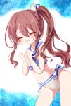  1girl ayabisu bikini blush brown_hair closed_eyes cowboy_shot idolmaster idolmaster_shiny_colors long_hair navel neckerchief open_mouth osaki_tenka ponytail sailor_bikini sailor_collar sailor_swimsuit_(idolmaster) solo swimsuit very_long_hair 