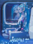  1girl bare_shoulders black_sleeves blue_hair blurry blurry_background blurry_foreground cityscape detached_sleeves hair_ornament hairpin hatsune_miku highres long_hair looking_outside pink_skirt pokemon project_voltage reflection skirt solo train_interior twintails very_long_hair vocaloid window yuyufufu 