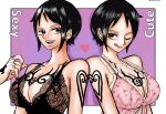  2girls babydoll black_hair border breast_tattoo breasts cleavage dual_persona earrings finger_tattoo genderswap genderswap_(mtf) hand_tattoo heart heart_print highres jewelry lace-trimmed_babydoll lace_trim looking_at_another multiple_girls namnam_op one_eye_closed one_piece red_nails sexy_or_cute? short_hair shoulder_tattoo smile tattoo teeth tongue tongue_out trafalgar_law yellow_eyes 