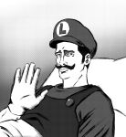  1boy ai-generated_art_(topic) commentary derivative_work english_commentary facial_hair gloves greyscale hat highres luigi lying male_focus mario_(series) monochrome mustache on_back overalls pillow short_hair solo triple_o00 under_covers 