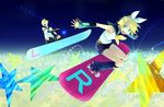  1girl blonde_hair blue_eyes brother_and_sister habuki hair_ornament hair_ribbon hairclip kagamine_len kagamine_rin ribbon shooting_star short_hair shorts siblings sky sky_surfing skyboard smile snowboard star star_(sky) starry_sky surfing twins vocaloid 