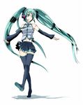  aqua_eyes aqua_hair bare_shoulders detached_sleeves gin'ichi_(akacia) hatsune_miku headset long_hair midriff navel necktie smile solo standing standing_on_one_leg thighhighs twintails very_long_hair vocaloid zettai_ryouiki 