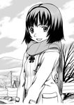  1girl copyright_request greyscale monochrome scarf short_hair sky solo winter 