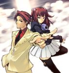  1girl armband artist_request back-to-back belt blue_eyes brother_and_sister frills hair_bobbles hair_ornament jacket necktie pointing red_hair ribbon short_hair siblings smile thighhighs twintails umineko_no_naku_koro_ni ushiromiya_ange ushiromiya_battler zettai_ryouiki 