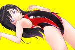  1girl bandaid bandaid_on_face black_hair black_one-piece_swimsuit breasts cameltoe highres long_hair looking_back lying mayafufu multicolored_clothes multicolored_swimsuit one-piece_swimsuit original purple_eyes small_breasts solo swimsuit yellow_background 