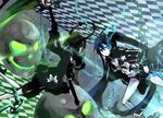  battle belt bikini_top black_dress black_hair black_rock_shooter black_rock_shooter_(character) blue_eyes boots burning_eye chain curly_hair dead_master dress duel green_eyes hikariz hood hoodie horns long_hair multiple_girls ribbon scar scythe skull sword twintails weapon white_skin 