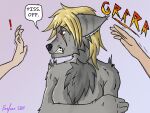  anthro blonde_hair breasts canid canine canis chara_(links) chest_tuft collar colored coyote farfener female fur grey_body grey_fur hair hi_res links mammal pet_(disambiguation) petting predators red_eyes rune shiyan text the-farfener the_auroran_archives the_farfener theauroranarchive tuft wolf 