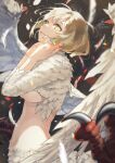  1girl black_background blonde_hair breasts closed_mouth commentary dungeon_meshi english_commentary fadingz falin_touden falin_touden_(chimera) fang feathers highres large_breasts looking_at_viewer monster_girl navel pixiv_id signature solo stomach underboob white_wings wings yellow_eyes 