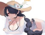 1girl 5uj0 :o black_hair blue_archive blush braid braided_ponytail breasts brown_hat choker cleavage hair_over_one_eye halo hat highres hinata_(blue_archive) hinata_(swimsuit)_(blue_archive) large_breasts long_hair looking_at_viewer lying on_side one-piece_swimsuit red_eyes simple_background solo sun_hat swimsuit swimsuit_cover-up very_long_hair white_background 