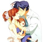  2girls antenna_hair blue_hair brown_hair chiko_(beroro) child clannad closed_eyes dress family furukawa_nagisa hug husband_and_wife multiple_girls okazaki_tomoya okazaki_ushio school_uniform short_hair 