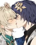  2boys adam&#039;s_apple adjusting_another&#039;s_eyewear aventurine_(honkai:_star_rail) blonde_hair blue_hair blush closed_eyes collared_shirt dr._ratio_(honkai:_star_rail) french_kiss hair_ornament highres honkai:_star_rail honkai_(series) kiss looking_at_another male_focus multiple_boys shirt short_hair simple_background sweat tongue wanu71 white_background yaoi 