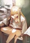  1girl absurdres arm_support artist_name blonde_hair book book_stack breasts cleavage closed_eyes closed_mouth fingernails hair_between_eyes hand_on_own_cheek hand_on_own_face highres indoors long_hair mutumipketto on_chair pointy_ears serie_(sousou_no_frieren) sidelocks signature sitting solo sousou_no_frieren 