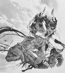  1boy arknights armor blood blood_on_face blood_on_hands chong_yue_(arknights) cuts dragon_boy dragon_horns floating_hair grey_background greyscale hands_up highres horns injury long_hair looking_at_viewer low_ponytail male_focus monochrome multicolored_hair nosebleed pauldrons rivershirt shoulder_armor single_pauldron sleeveless solo streaked_hair traditional_media upper_body wind 