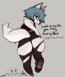 anthro blue_hair bulge canid canine canis clothed clothing dialogue duo english_text fur grey_body grey_fur gynomorph hair hatsumiilkshake hi_res intersex mammal open_mouth open_smile profanity smile tera_(hatsumiilkshake) text torn_clothing trans_(lore) trans_woman_(lore) wolf