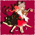  animal_ears basket bow braid brown_hair cat_ears cat_tail chen earrings grey_hair hair_bow hat hug jewelry kaenbyou_rin mouse mouse_ears mouse_tail multiple_girls multiple_tails nazrin red_eyes red_hair smile suiyou_taruta tail touhou twin_braids 
