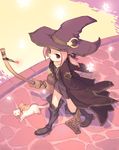  boots broom cloak copyright_request ferret futaba_jun hat pink_hair red_eyes snowflakes solo witch witch_hat 