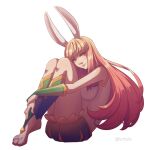  1girl afk_arena animal_ears artist_name commentary furrholic green_shorts hugging_own_legs long_hair looking_at_viewer lyca_(afk_arena) pink_eyes pink_hair rabbit_ears shorts simple_background solo white_background wristband 