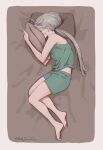  0321smith 1girl bare_arms barefoot closed_eyes commentary_request from_above full_body green_shorts green_tank_top grey_hair gundam gundam_suisei_no_majo long_hair lying miorine_rembran on_back on_bed pillow ponytail shorts sleeping solo tank_top 