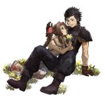  1boy 1girl aerith_gainsborough arm_support armor baggy_pants bare_arms bare_shoulders black_gloves black_hair blue_eyes boots braid braided_ponytail brown_hair collarbone commentary_request couple crisis_core_final_fantasy_vii cross_scar dress field final_fantasy final_fantasy_vii flower flower_field full_body gloves green_eyes hair_ribbon hand_up highres holding holding_flower ivy60530 knees_up leaning_on_person looking_at_another on_person open_mouth pants parted_lips pink_ribbon ribbon sandals scar scar_on_cheek scar_on_face shoulder_armor sitting skirt sleeveless sleeveless_turtleneck spaghetti_strap spiked_hair suspender_skirt suspenders sweater toeless_footwear turtleneck turtleneck_sweater white_background yellow_flower zack_fair 