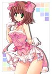  amami_haruka bare_shoulders breasts choker cute_&amp;_girly_(idolmaster) finger_to_mouth gloves green_eyes hair_ribbon idolmaster idolmaster_(classic) idolmaster_1 medium_breasts panties ribbon short_hair side-tie_panties skirt skirt_lift solo thighs underwear yukiwo 