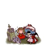  &gt;_&lt; bat_wings blue_hair chibi closed_eyes crying despair flandre_scarlet flower grave knife multiple_girls no_eyes no_mouth open_mouth remilia_scarlet rose shaded_face siblings simple_background sisters socha tears tombstone touhou white_flower white_rose wings wreath 