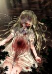  1girl bleeding blonde_hair blood blood_from_mouth blood_on_clothes blood_on_face broiler death dress empty_eyes hair_spread_out highres injury long_hair lying neck_ribbon nosebleed on_back original outdoors purple_eyes purple_ribbon ribbon ryona solo sunlight white_dress 