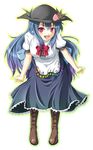  bad_id bad_pixiv_id blue_hair boots food fruit hat hinanawi_tenshi long_hair mochi.f open_mouth peach red_eyes solo touhou 