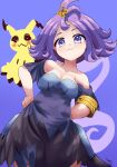  1girl :3 acerola_(pokemon) blue_eyes blush breasts cleavage closed_mouth commentary dress english_commentary highres looking_at_viewer mimikyu multicolored_clothes multicolored_dress pokemon pokemon_(creature) purple_hair rion_(user_ufvg8527) short_hair 