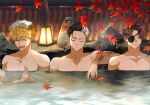  3boys black_hair blonde_hair brown_hair closed_eyes earrings eyepatch hayato_suou highres jewelry kalllgooksoo lantern leaf maple_leaf maple_tree multicolored_hair multiple_boys nirei_akihiko nude onsen open_mouth rock sakura_haruka_(wind_breaker) same-sex_bathing shared_bathing short_hair smile towel tree two-tone_hair water white_hair white_towel wind_breaker_(nii_satoru) 